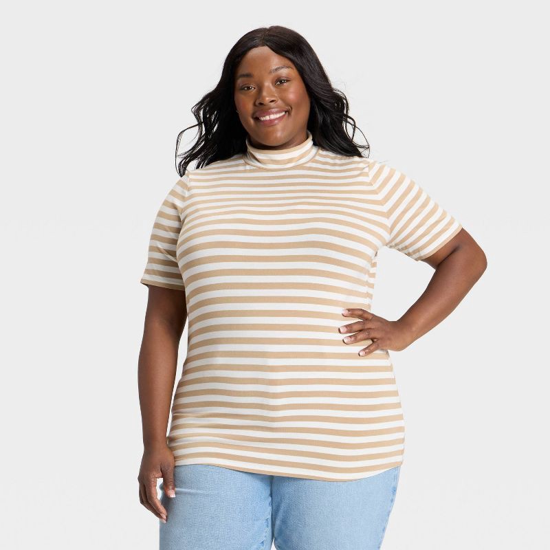 slide 1 of 3, Women's Slim Fit Short Sleeve Mock Turtleneck T-Shirt - Ava & Viv™ Tan Striped 1X, 1 ct