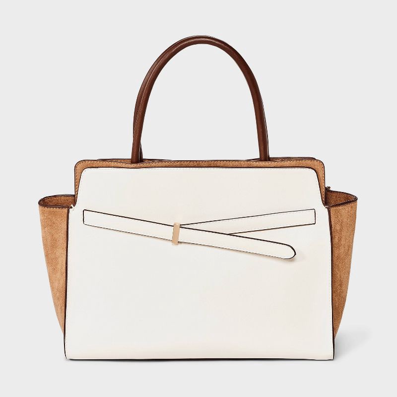 slide 6 of 6, Belted Top Handle Satchel Handbag - A New Day™ Cream, 1 ct