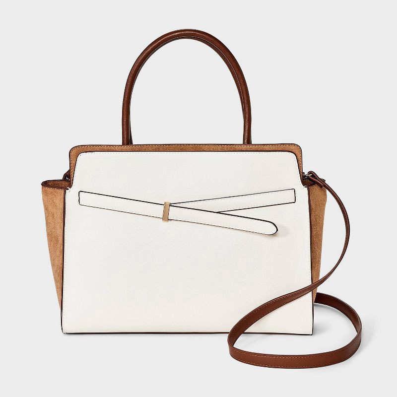 slide 1 of 6, Belted Top Handle Satchel Handbag - A New Day™ Cream, 1 ct