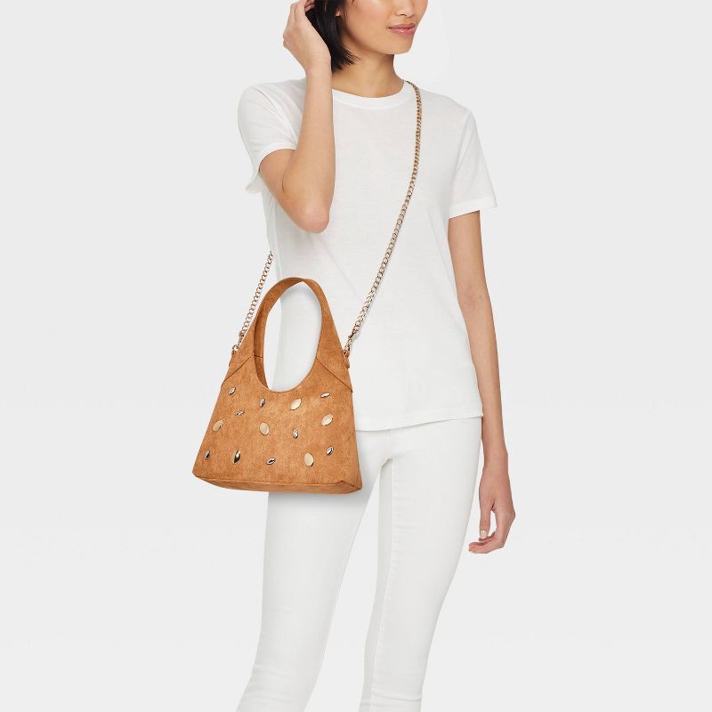 slide 2 of 5, Faux Suede Mini Studded Slouchy Chain Handbag - Universal Thread™ Tan, 1 ct