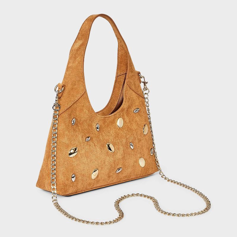 slide 3 of 5, Faux Suede Mini Studded Slouchy Chain Handbag - Universal Thread™ Tan, 1 ct