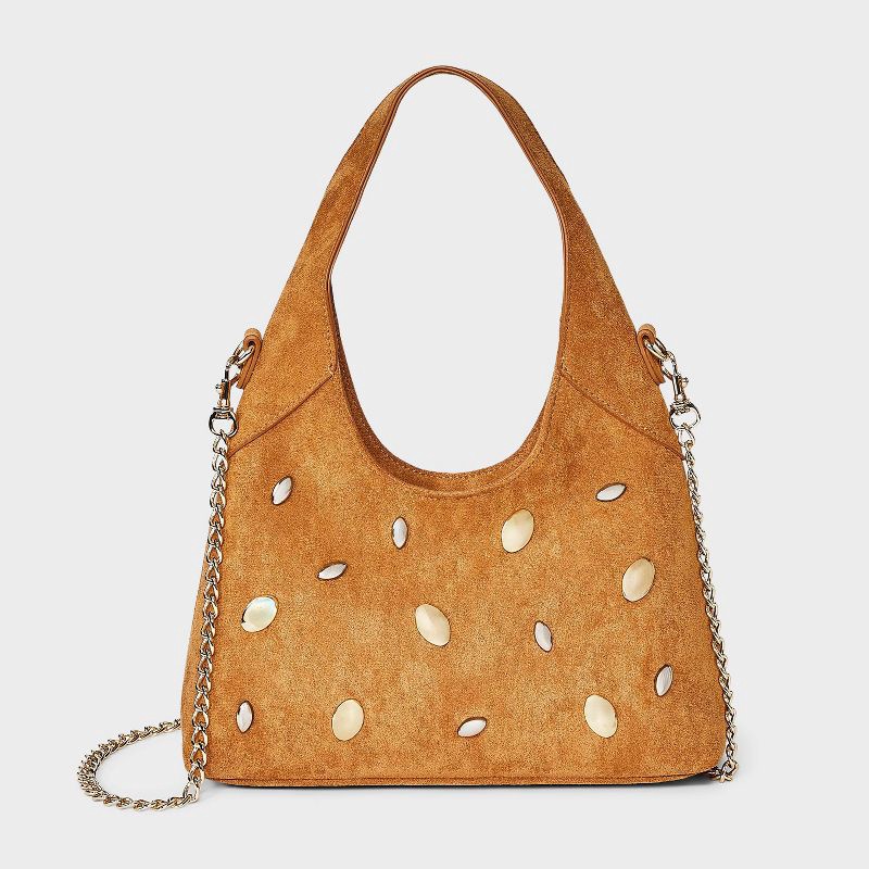slide 1 of 5, Faux Suede Mini Studded Slouchy Chain Handbag - Universal Thread™ Tan, 1 ct