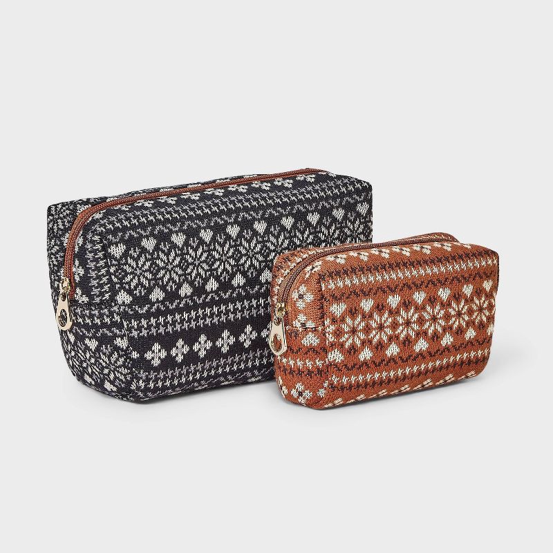 slide 2 of 5, Fair Isle Pattern Cosmetic Pouch 2pc Set - Universal Thread™ Black/Brown, 2 ct