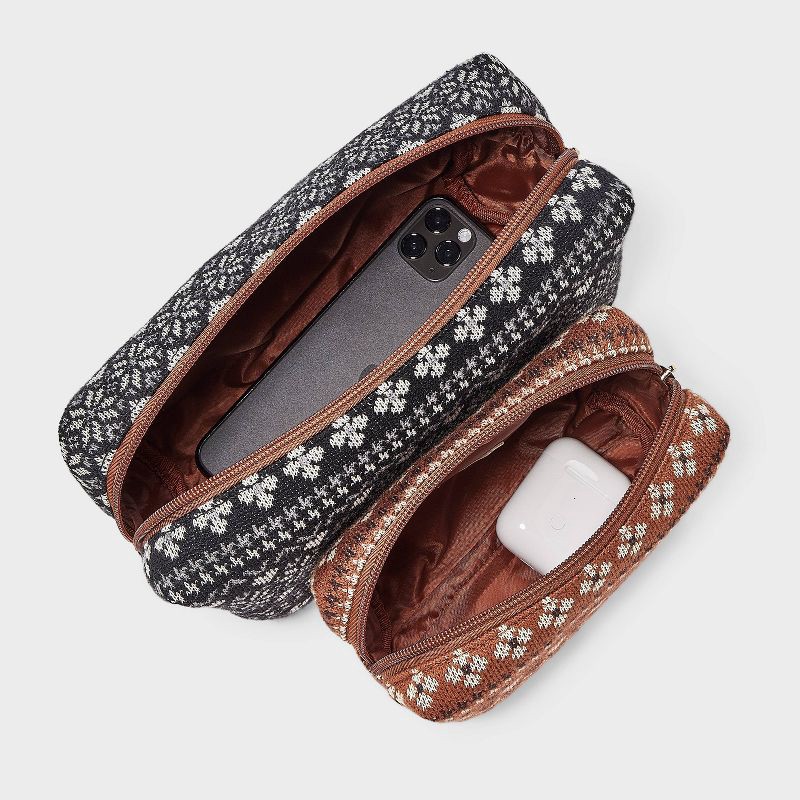 slide 3 of 5, Fair Isle Pattern Cosmetic Pouch 2pc Set - Universal Thread™ Black/Brown, 2 ct