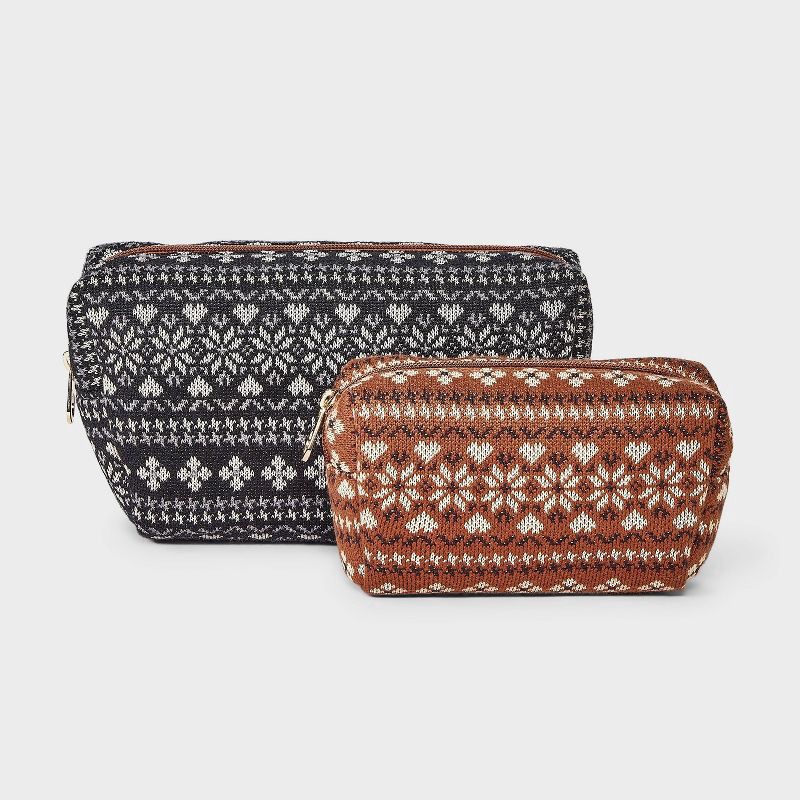 slide 1 of 5, Fair Isle Pattern Cosmetic Pouch 2pc Set - Universal Thread™ Black/Brown, 2 ct