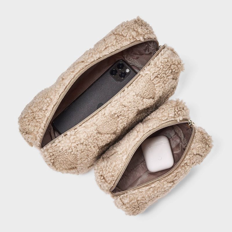 slide 3 of 5, Faux Shearling Cosmetic Pouch 2pc Set - Universal Thread™ Taupe, 2 ct