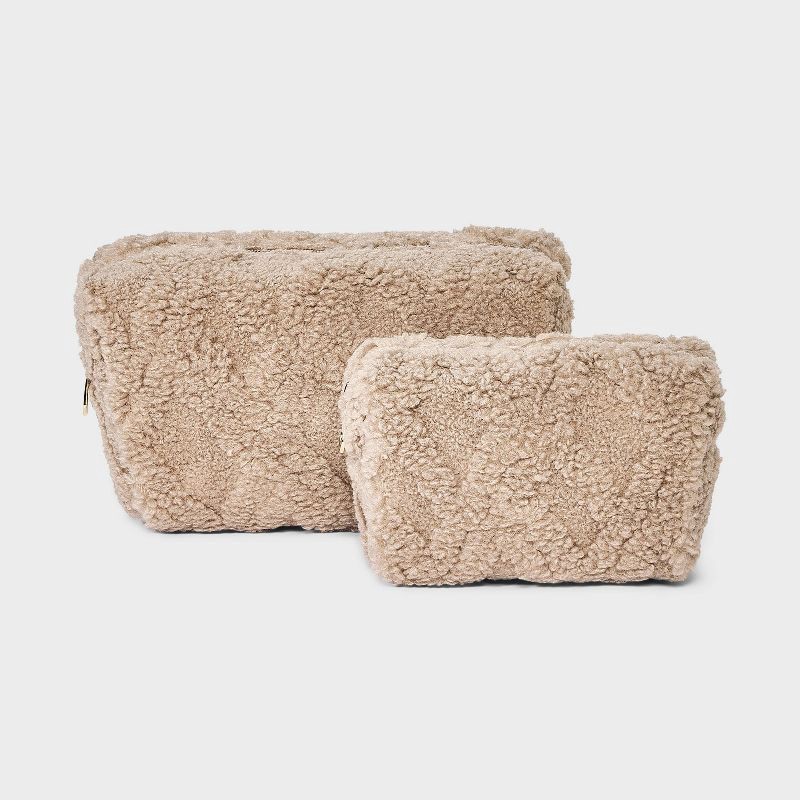 slide 1 of 5, Faux Shearling Cosmetic Pouch 2pc Set - Universal Thread™ Taupe, 2 ct