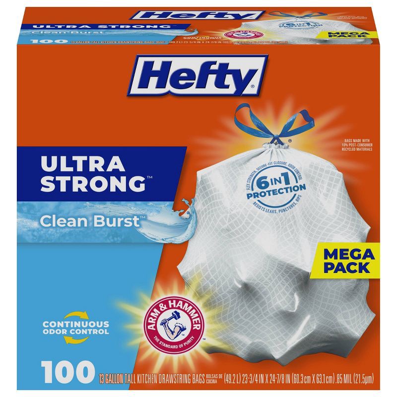 slide 1 of 9, Hefty Ultra Strong Tall Kitchen Drawstring Clean Burst Trash Bags - 13 Gallon - 100ct, 13 gal, 100 ct