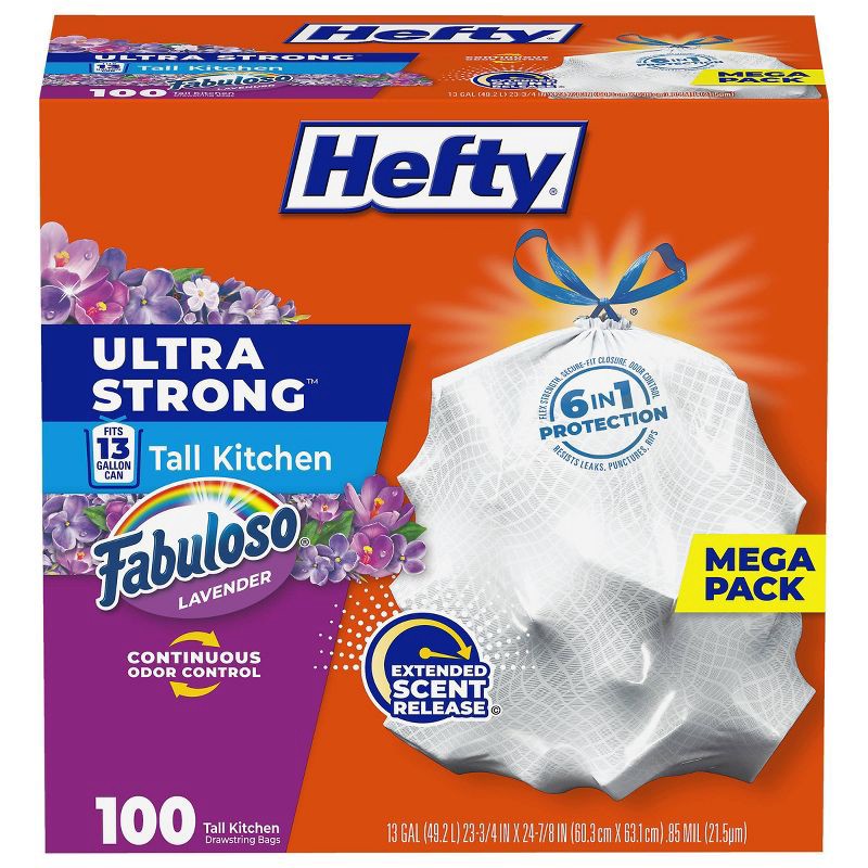 slide 1 of 9, Hefty Ultra Strong Tall Kitchen Drawstring Fabuloso Trash Bags - 13 Gallon - 100ct, 13 gal, 100 ct