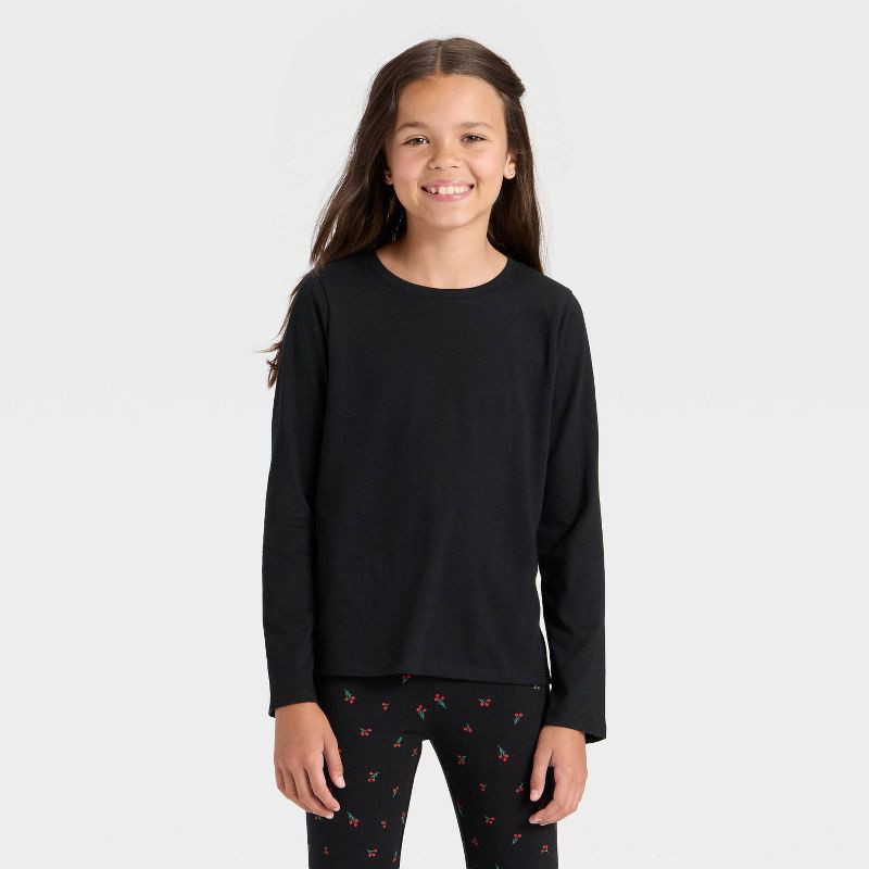 slide 1 of 3, Girls' Long Sleeve T-Shirt - Cat & Jack™ Black S, 1 ct