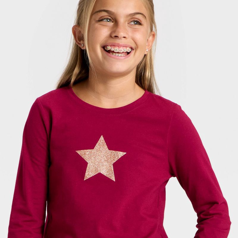 slide 2 of 4, Girls' Long Sleeve 'Glitter Star' Graphic T-Shirt - Cat & Jack™ Dark Red S, 1 ct