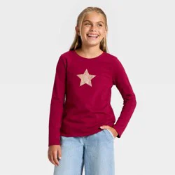 Girls' Long Sleeve 'Glitter Star' Graphic T-Shirt - Cat & Jack™ Dark Red S