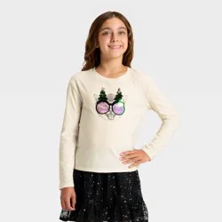 Girls' Long Sleeve 'Christmas Cat' Flip Sequin T-Shirt - Cat & Jack™ Cream L