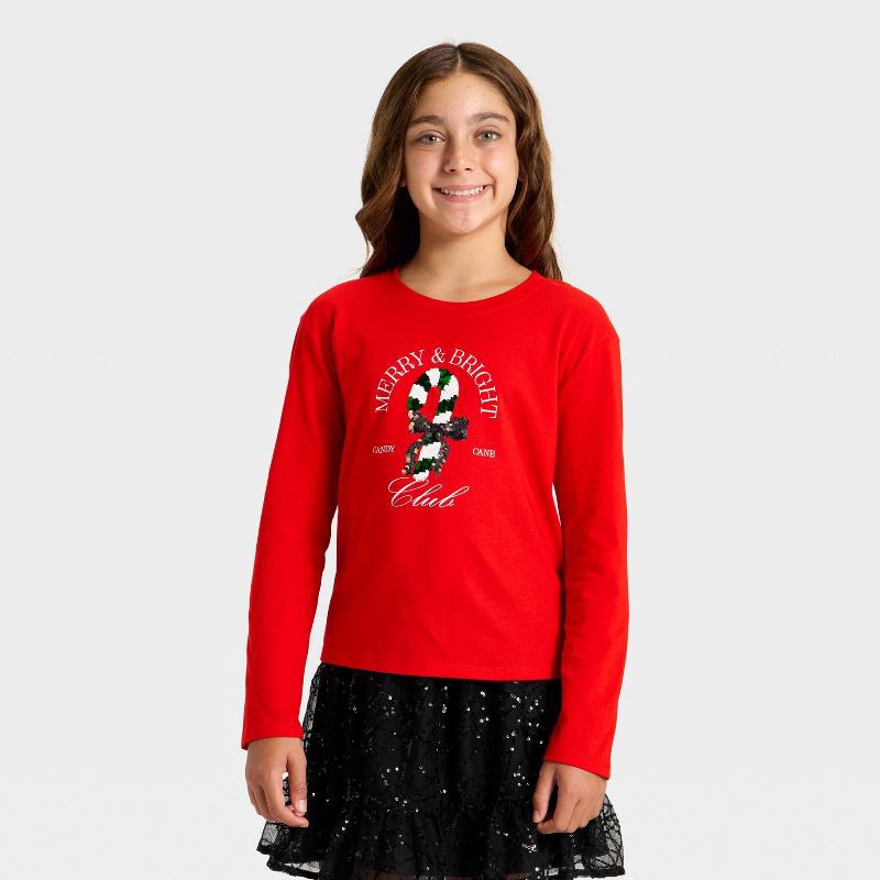 slide 2 of 4, Girls' Long Sleeve Christmas 'Candy Cane' Flip Sequin T-Shirt - Cat & Jack™ Red XL, 1 ct