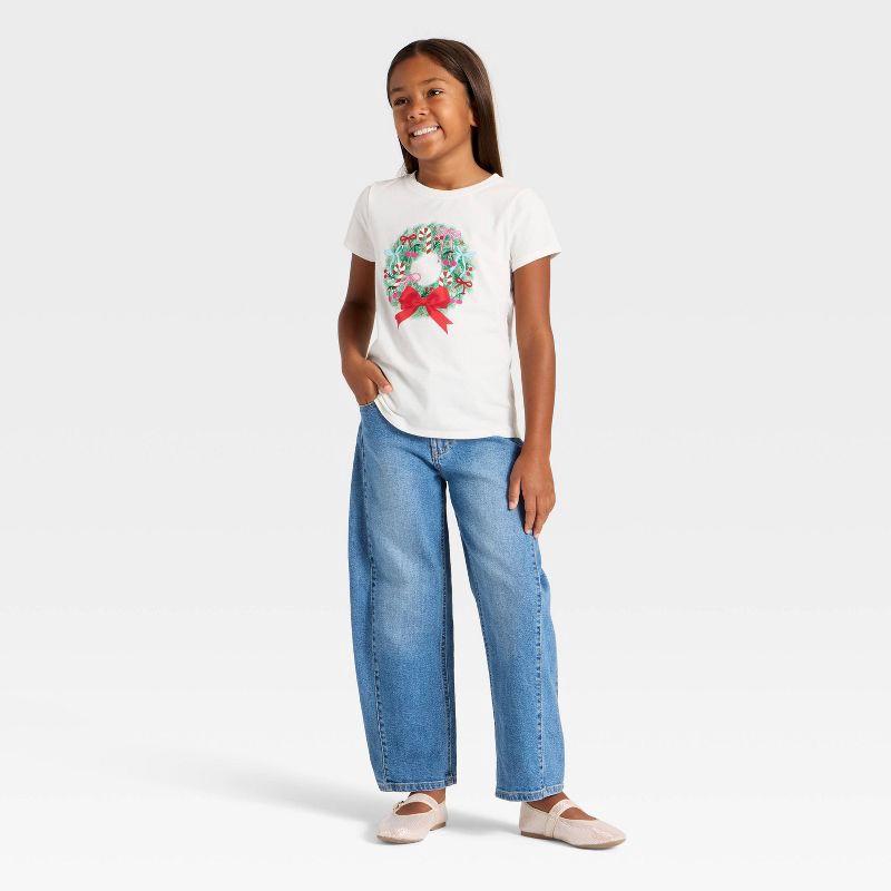 slide 4 of 4, Girls' Short Sleeve Christmas 'Wreath' Graphic T-Shirt- Cat & Jack™ Cream S, 1 ct