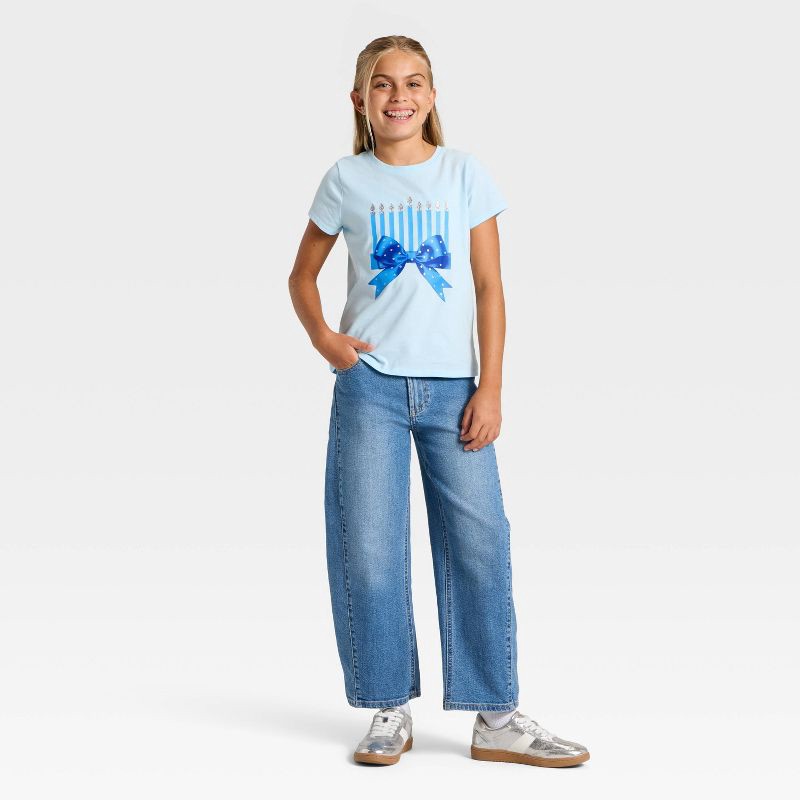 slide 3 of 3, Girls' Short Sleeve Hanukkah 'Menorah' Graphic T-Shirt - Cat & Jack™ Light Blue L, 1 ct