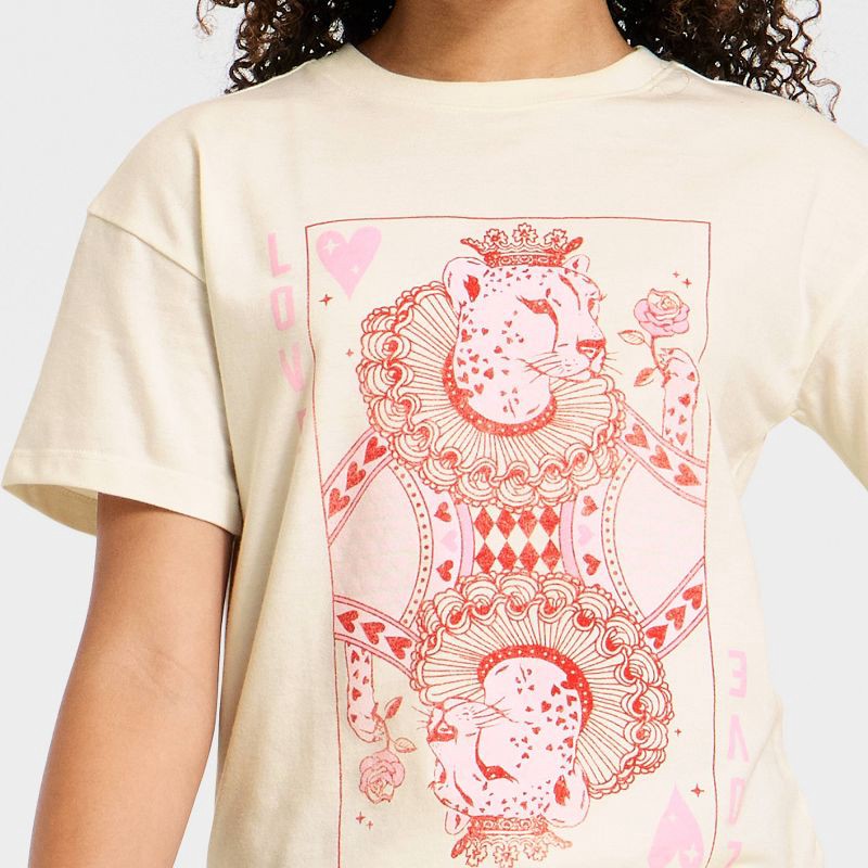 slide 2 of 4, Girls' Short Sleeve Valentine's Day 'Leopard Queen' Oversized Graphic T-Shirt - Cat & Jack™ Cream XL, 1 ct