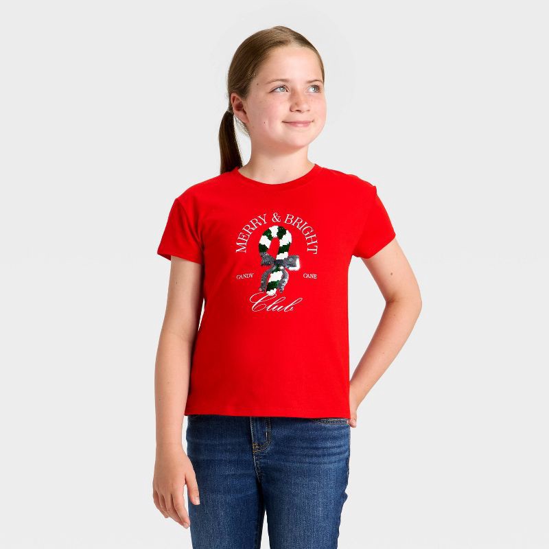 slide 2 of 4, Girls' Short Sleeve Christmas 'Candy Cane' Flip Sequin T-Shirt - Cat & Jack™ Red L, 1 ct