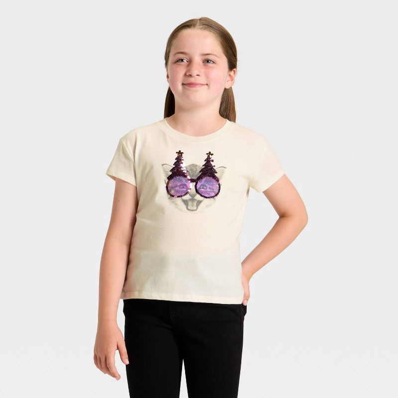 slide 2 of 4, Girls' Short Sleeve 'Christmas Cat' Flip Sequin T-Shirt - Cat & Jack™ Cream XL, 1 ct