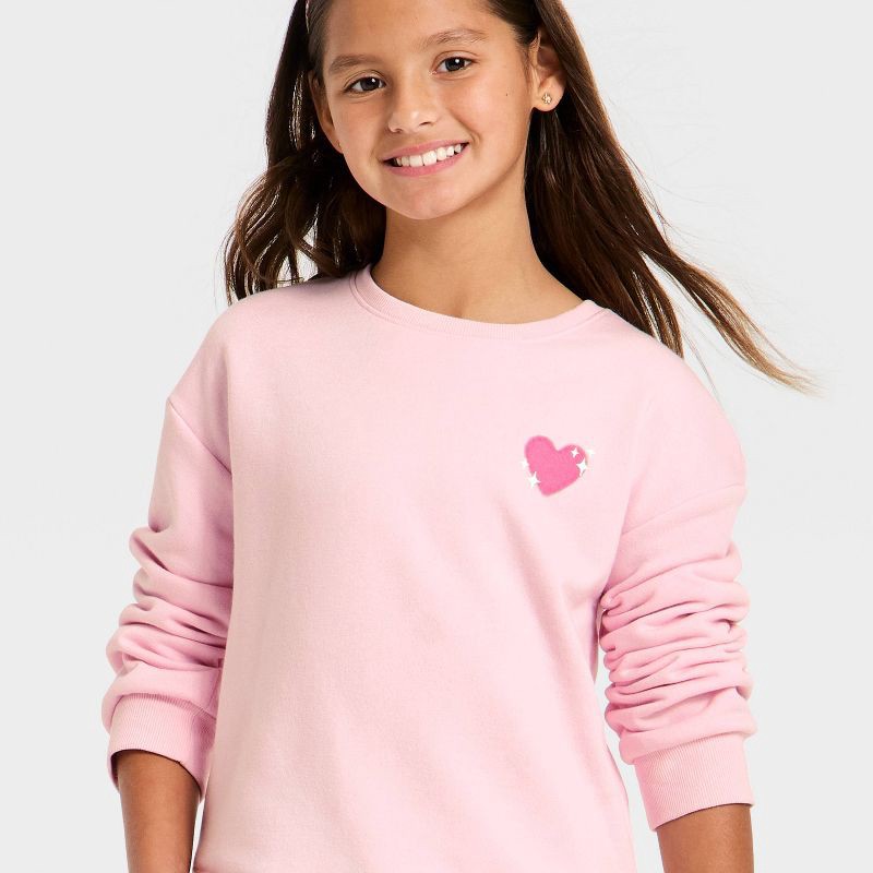 slide 2 of 4, Girls' Valentine's Day 'Heart' Fleece Sweatshirt - Cat & Jack™ Pink S, 1 ct