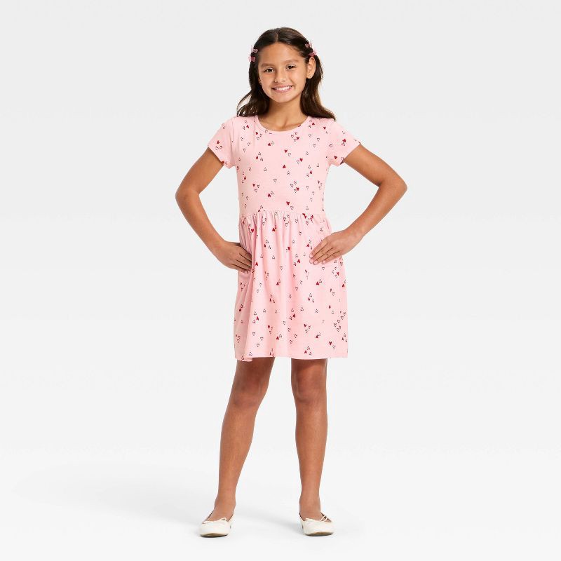 slide 3 of 3, Girls' Short Sleeve Valentine's Day 'Heart' Dress - Cat & Jack™ Light Pink M, 1 ct
