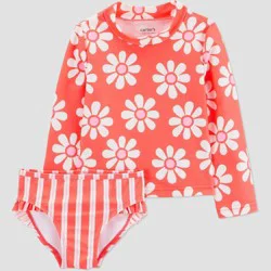 Carter's Just One You® Toddler Girls' Long Sleeve Floral Stripe 2PC Rash Guard Swim Set - Pink 2T