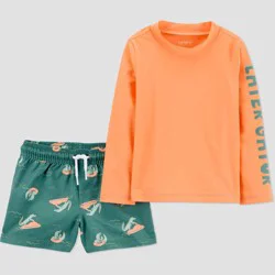 Carter's Just One You® Toddler Boys' Long Sleeve Gator 2PC Rash Guard & Swim Trunk Set - Orange 18M