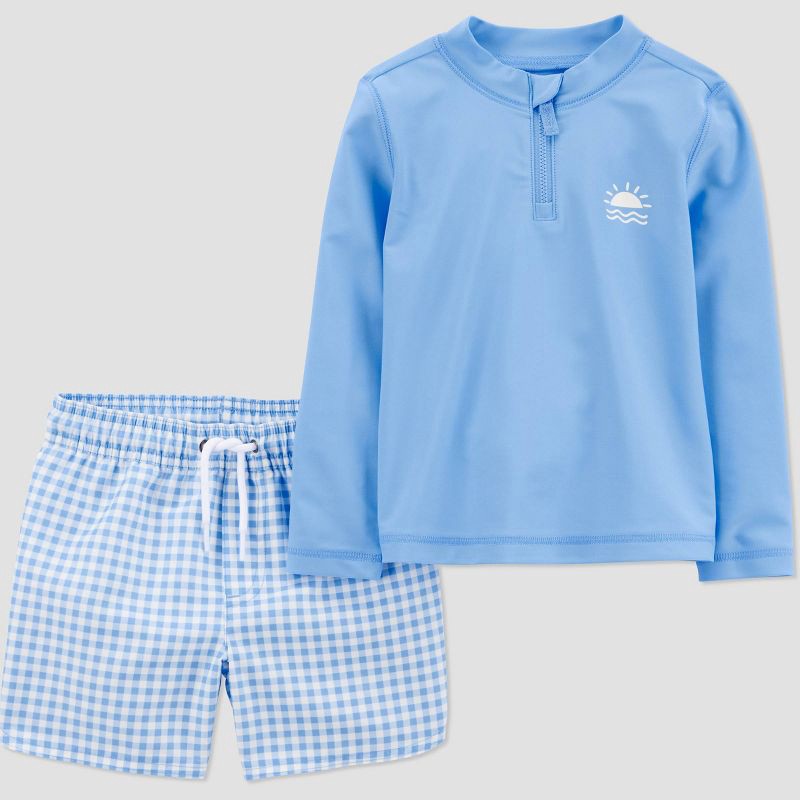slide 1 of 4, Carter's Just One You® Toddler Boys' Long Sleeve Gingham 2PC Rash Guard & Swim Trunk Set - Blue 12M, 2 ct