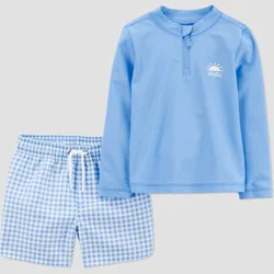 Carter's Just One You® Toddler Boys' Long Sleeve Gingham 2PC Rash Guard & Swim Trunk Set - Blue 2T