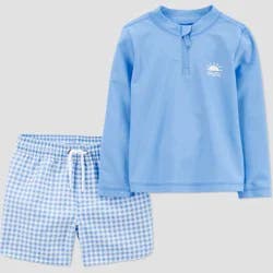 Carter's Just One You® Toddler Boys' Long Sleeve Gingham 2PC Rash Guard & Swim Trunk Set - Blue 2T