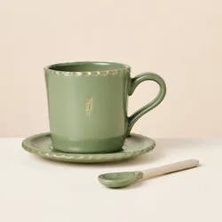 Hearth & Hand with Magnolia 8 fl oz Pinched Edge Teacup with Saucer and Spoon Green - Hearth & Hand™ with Magnolia