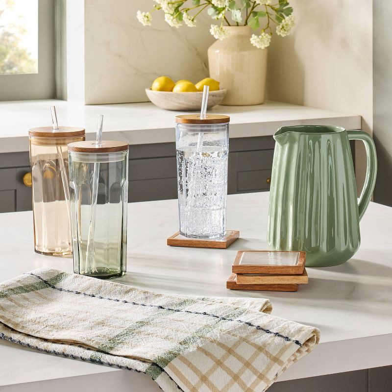 slide 2 of 4, Hearth & Hand with Magnolia 21oz Glass Tumbler with Wooden Lid Green - Hearth & Hand™ with Magnolia, 21 oz