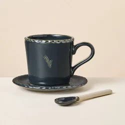 Hearth & Hand with Magnolia 8 fl oz Pinched Edge Teacup with Saucer and Spoon Indigo - Hearth & Hand™ with Magnolia