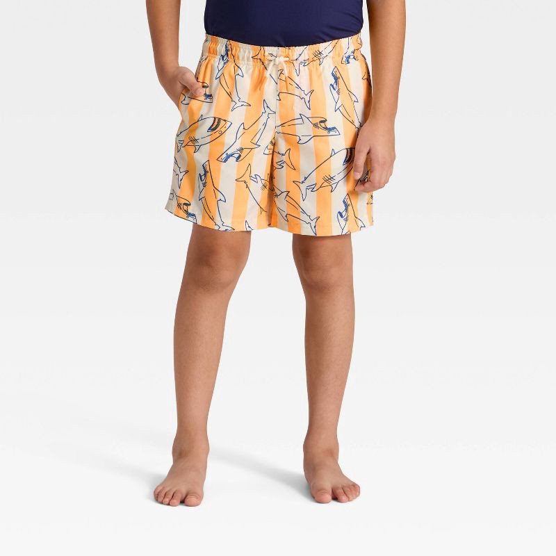 slide 1 of 3, Boys' Pinstripe Shark Printed Swim Shorts - Cat & Jack™ Starry Yellow/Cream/Blue XS, 1 ct