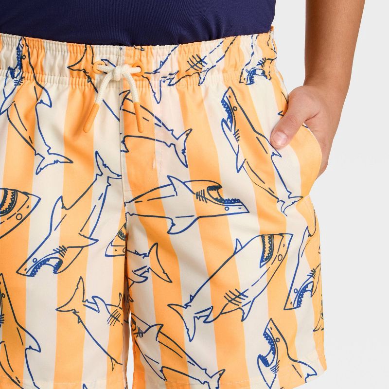 slide 3 of 3, Boys' Pinstripe Shark Printed Swim Shorts - Cat & Jack™ Starry Yellow/Cream/Blue S, 1 ct