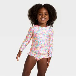 Toddler Girls' Long Sleeve Two Piece Multi Floral Rash Guard Swimwear Set - Cat & Jack™ Cream 12M