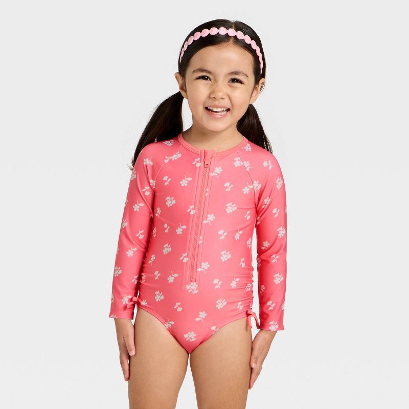 slide 1 of 3, Toddler Girls' Long Sleeve One Piece Floral Rash Guard Swimsuit - Cat & Jack™ Pink 18M, 1 ct