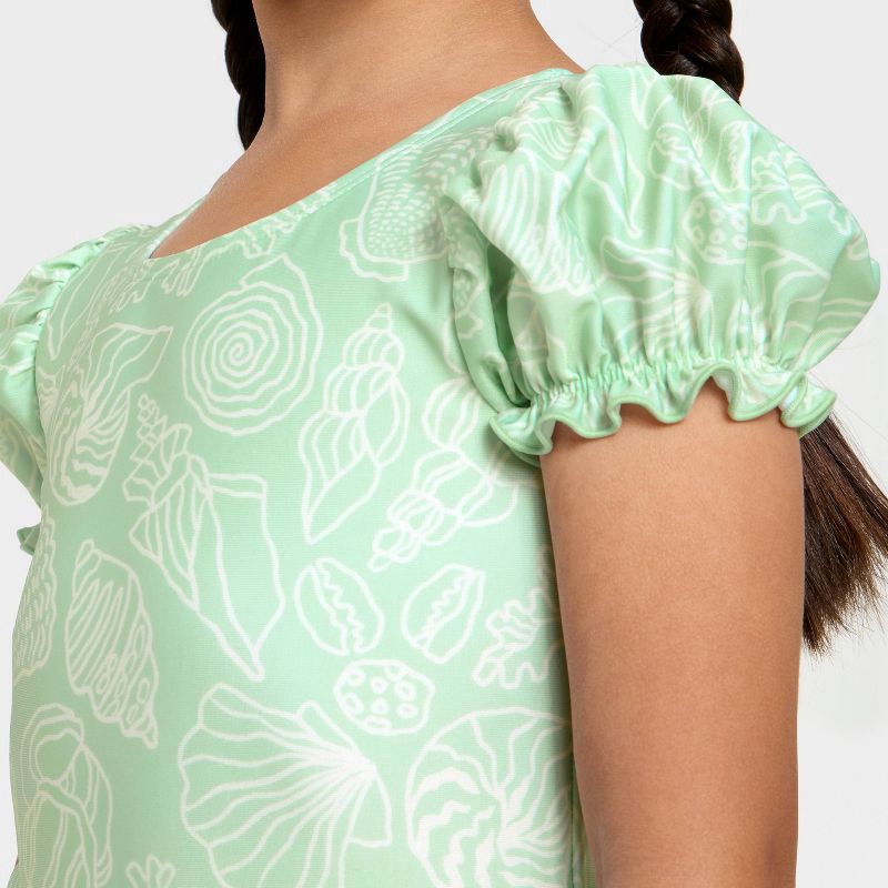 slide 3 of 3, Toddler Girls' Puff Sleeve Seashell One Piece Swimsuit - Cat & Jack™ Green 12M, 1 ct