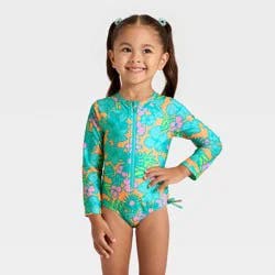 Toddler Girls' Long Sleeve One Piece Hibiscus Floral Rash Guard Swimsuit - Cat & Jack™ 18M