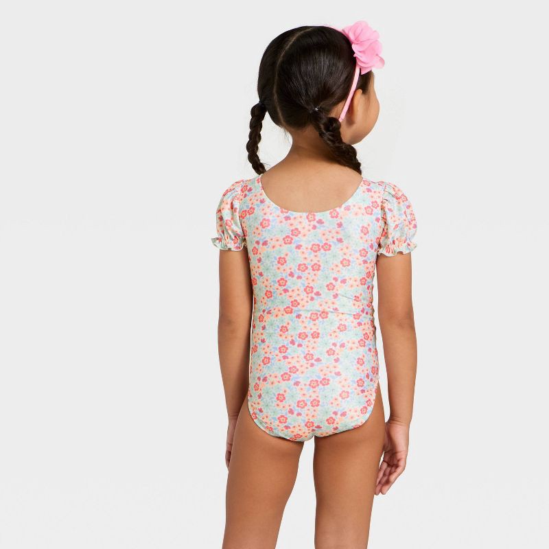 slide 2 of 3, Toddler Girls' Puff Sleeve Ditsy Floral One Piece Swimsuit - Cat & Jack™ Cream 2T, 1 ct