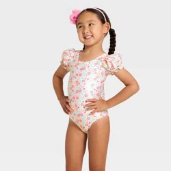 Toddler Girls' Puff Sleeve Ditsy Floral One Piece Swimsuit - Cat & Jack™ Cream 2T