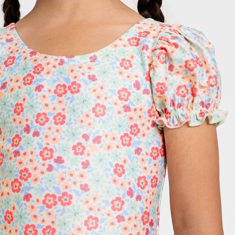 slide 3 of 3, Toddler Girls' Puff Sleeve Ditsy Floral One Piece Swimsuit - Cat & Jack™ Cream 4T, 1 ct