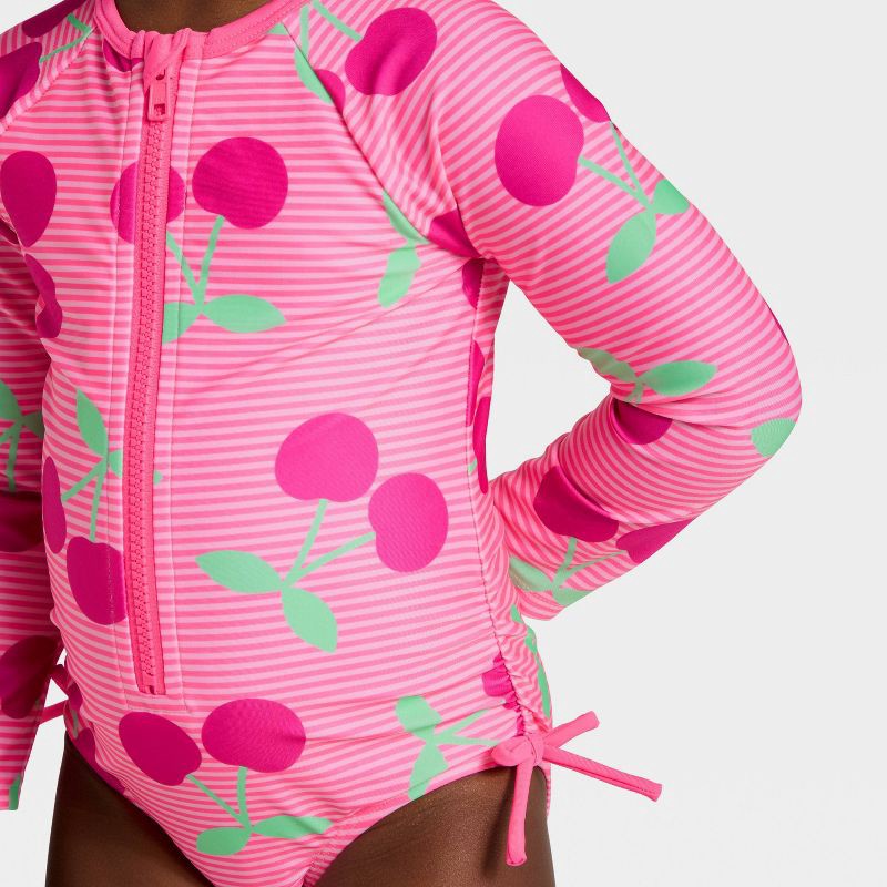 slide 3 of 3, Baby Girls' Long Sleeve One Piece Striped Cherry Rash Guard Swimsuit - Cat & Jack™ Bright Pink 12M, 1 ct