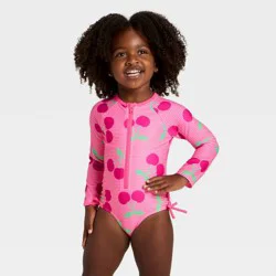Toddler Girls&#x27; Long Sleeve One Piece Striped Cherry Rash Guard Swimsuit - Cat &amp; Jack™ Bright Pink 18M