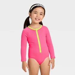 Infant Girls' Long Sleeve One Piece Ribbed Rash Guard Swimsuit - Cat & Jack™ Bright Pink 18M
