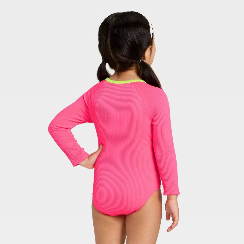 slide 2 of 3, Toddler Girls' Long Sleeve One Piece Ribbed Rash Guard Swimsuit - Cat & Jack™ Bright Pink 4T, 1 ct