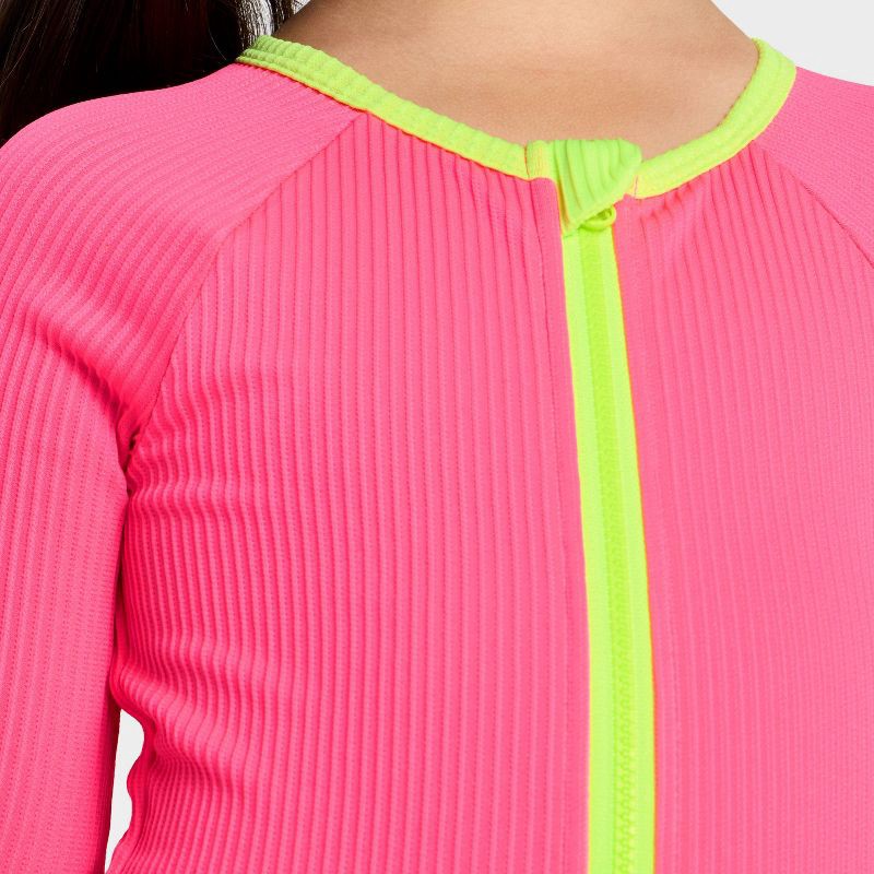 slide 3 of 3, Toddler Girls' Long Sleeve One Piece Ribbed Rash Guard Swimsuit - Cat & Jack™ Bright Pink 4T, 1 ct