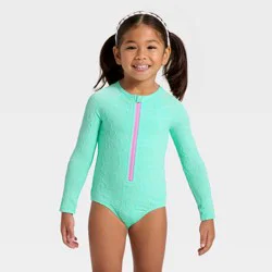 Toddler Girls' Long Sleeve One Piece Jacquard Floral Rash Guard Swimsuit - Cat & Jack™ Bright Aqua 18M
