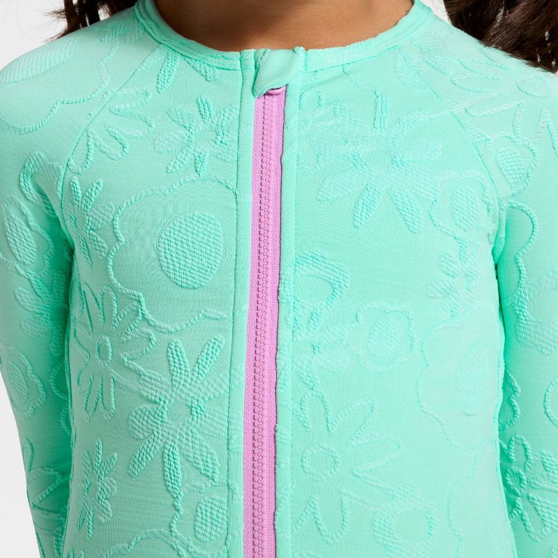 slide 3 of 3, Toddler Girls' Long Sleeve One Piece Jacquard Floral Rash Guard Swimsuit - Cat & Jack™ Bright Aqua 2T, 1 ct