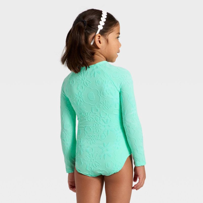 slide 2 of 3, Toddler Girls' Long Sleeve One Piece Jacquard Floral Rash Guard Swimsuit - Cat & Jack™ Bright Aqua 4T, 1 ct